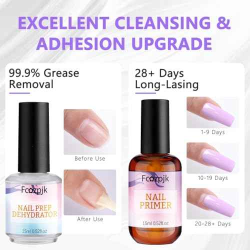 Fcozjpk Nail Dehydrator and Primer with Gel Base & Top Coat Set Cuticle Oil, 5PCS Nail Prep Kit for Acrylic and Gels Nail Polish No Wipe Gel Top Coat Manicure Bonder Liquid Nails Tech Must-have Set