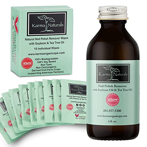 Karma Organic Nail Polish Remover & Wipes Bundle ? Tea Tree Nail Polish Remover Wipes (Pack of 10) Tea Tree Oil Based Formula Remover (4FL-Oz)