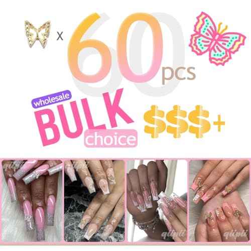 60pcs Golden Butterfly Nail Charms Bulk 3D Butterflies Charms for Acrylic Nails, Nail Alloy Studs Charms Nail Art Jewels Decor Supplies Accessories Supply for Nails Face Makeup Body DIY Crafts