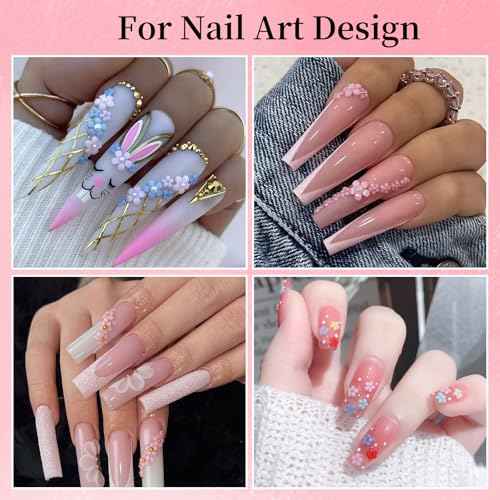 3D Colorful Flower Nail Art Charms, White Pink Acrylic Cherry Blossom Spring Petal Metal Gold Silver Round Caviar Beads Studs Pearl Rhinestones for Manicure Craft DIY (7-K3-solid)