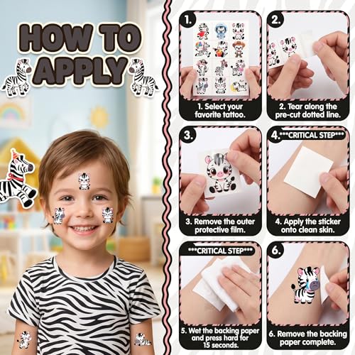 96 PCS Zebra Temporary Tattoos for Kids - Party Favors