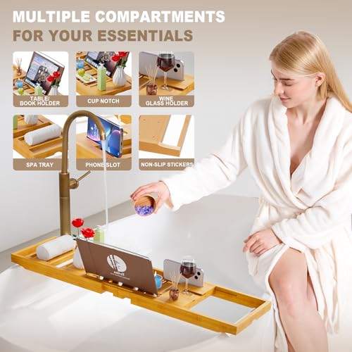 Bamboo Bathtub Caddy Tray – Expandable Luxury Bath Organizer