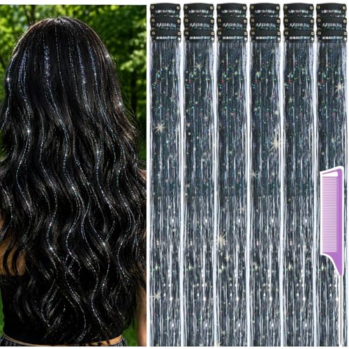 Black Hair Tinsel Clips - 18 Pcs Glitter Extensions for Parties