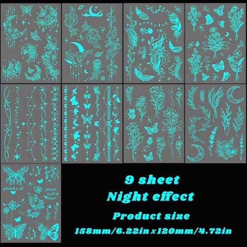 Glow in The Dark Temporary Tattoos - 9 Sheets Luminous Butterfly Design