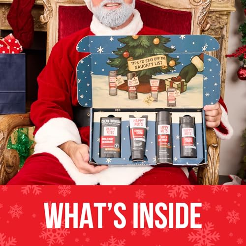 Happy Nuts Santa¡¯s Big Sack - Funny Holiday Gift Box for Men - 4-in-1 Men's Care: Comfort Cream, Hydrating Body Wash, Whole Body Deodorant Stick, Anti-Chafing Powder - Hilarious Gift Basket for Him