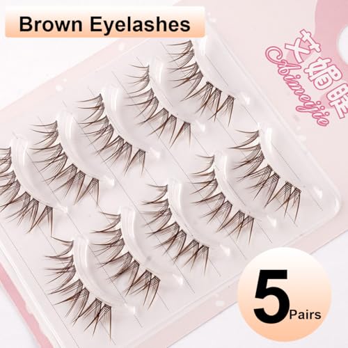 5 Pairs Brown Wispy False Eyelashes Clear Band 3D Fluffy