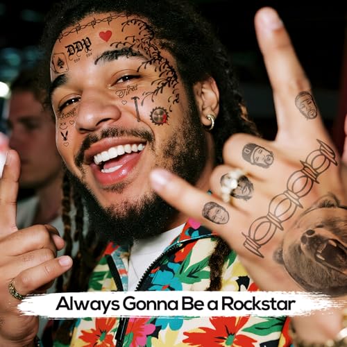 4 Sheets Cosplay Rapper-Inspired Temporary Tattoos ? Face Tattoo Stickers for Men, Women and Kids ? Hip-Hop Style Fake Tattoos for Cosplay, Halloween, and Parties