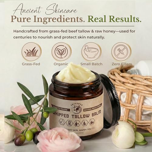Beef Tallow for Skin 4oz Unscented, Organic Whipped beef Tallow and Honey Balm, 100% Grass Fed Beef Tallow Face Moisturizer For Dry Skin, Lip balm, Eczema Natural Tallow Moisturizer Lotion Body Butter