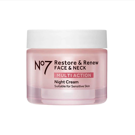 No7 Restore & Renew Multi Action Face & Neck Night Cream - Collagen Peptide Anti-Aging Face Cream - Hydrating Hyaluronic Acid + Skin Firming Fragrance-Free (50ml)