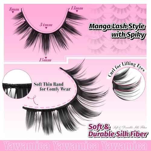 Yawamica Wispy Manga Lashes 8D Thick & Spiky False Eyelashes 15mm Doll Lashes Anime Eyelashes Style Natural Look 14 Pairs Pack Strip Lashes Look like Eyelash Extension