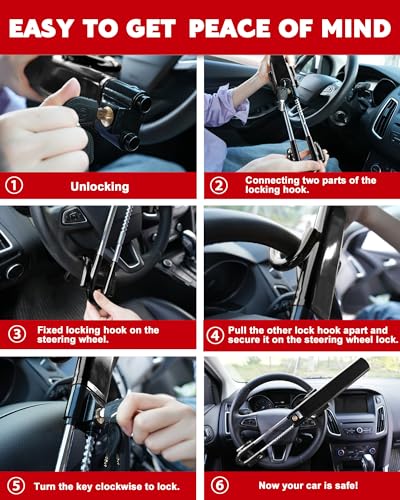 Tevlaphee Steering Wheel Lock Anti-Theft Car Device Heavy Duty Security Car Lock Antitheft Locking Devices Great Deterrent Adjustable Car Wheel Lock Anti Theft for Vehicle Truck with 3 Keys(Black)