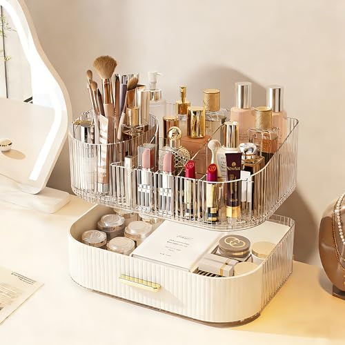 Makeup Organizer with 360¡Æ Rotating Brush Holder and Stackable Drawers, Cosmetic Display Case for Vanity, Bathroom Countertop (White, 2 Layer)