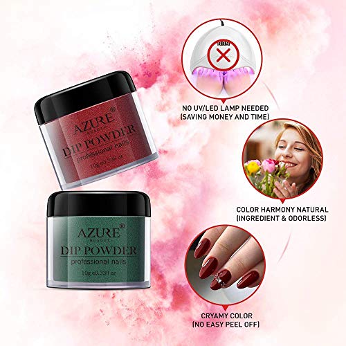 AZUREBEAUTY 10 Colors Dip Powder Nail Starter Kit Green Glitter Dipping Powder Christmas Colors System Essential Kit with Base Top Activator Coat