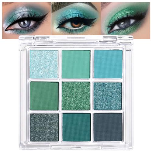 AMY'S DIARY Green Matte Shimmer Deep Eye Shadow Palette, Long-lasting Waterproof Makeup, 9 Blendable Shades for Girls