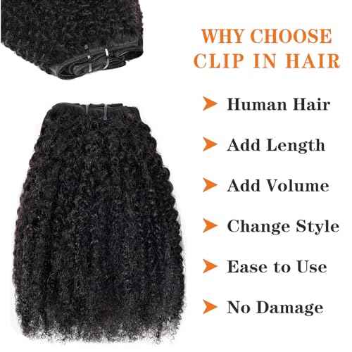 Afro Kinky Curly Clip in Hair Extensions Human Hair 4C Hair Clip in Extensions 8pcs 240g/set 10A Brazilian Virgin Natural Hair Clip Ins for Black Women Natural Black Color 14 Inch