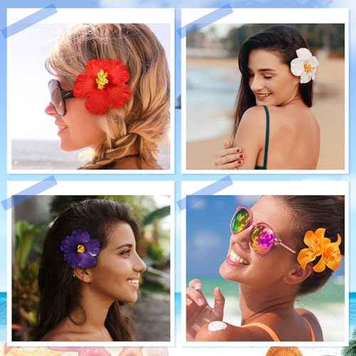 10 Pcs Hawaiian Flower Hair Clips for Women, Plumeria Hibiscus Hair Clips, Artificial Flower Clips 3.5 Inch Hair Accessories for Vacation Party Beach Seaside