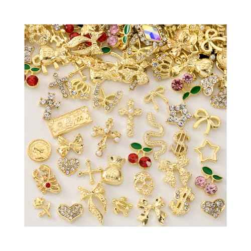 100Pcs Gold Nail Charms and Gems Charms for Nails Design Gold Charms for Nails Metal Bow Cherry Butterfly Cross Heart Star and Flowers