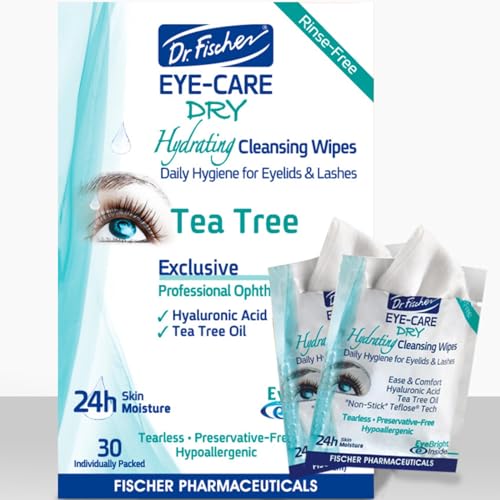 Dr. Fischer Tea Tree Eyelid Wipes for Dry Eyes - Gentle Eye Wipes for Everyday Eye Conditions and Hypoallergenic Makeup Remover (60 Wipes)