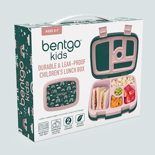 Bentgo Kids Prints Leak-Proof, 5-Compartment Bento-Style Kids Lunch Box - Ideal Portion Sizes for Ages 3-7, Durable, Drop-Proof, Dishwasher Safe, & Made with BPA-Free Materials (Green Rainbow)