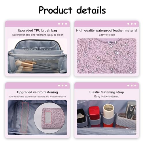 BOYATU Travel Makeup Bags Cosmetic Organizer Bag: 3-Set Large Capacity Make up Bag - PU Leather Toiletry Bags for Women - Wide Open Portable Pouch with Divider & Handle (02-Z-Violet)