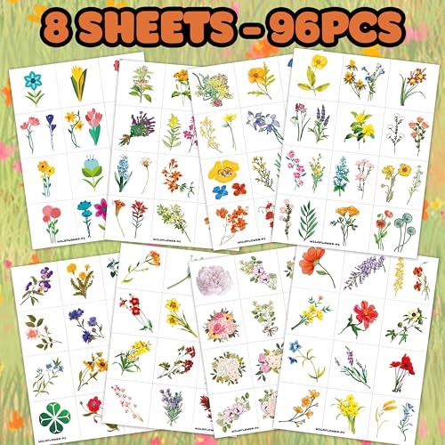 96 Pre-Cut Wildflower Temporary Tattoos - Party Favors