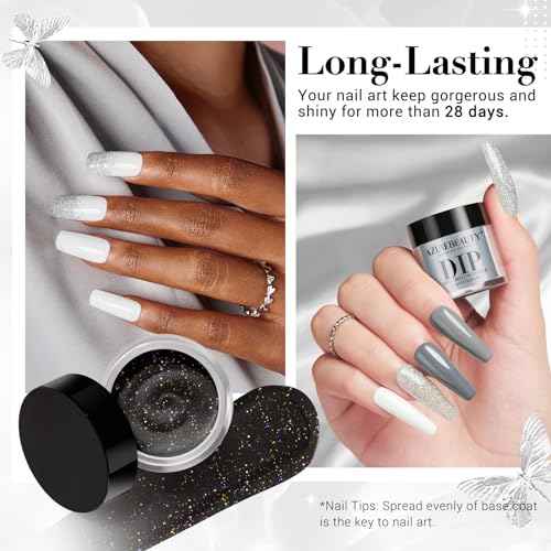 AZUREBEAUTY Dip Powder Nail Basic Set White Black Silver Grey Pure Sparkle 6 Colors All Seasons Dipping Powder Starter Kit French Nail Art Manicure DIY Salon for Women, No Need Nail Lamp Cured