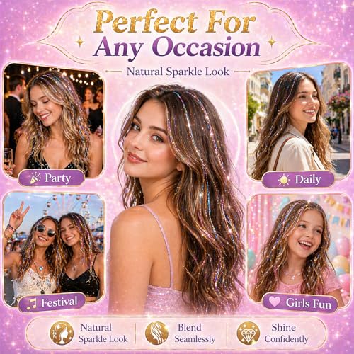 Black Hair Tinsel Clips - 18 Pcs Glitter Extensions for Parties