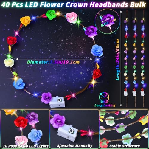 80 Pcs LED Flower Crown Headband Glow Floral Wreath Crown for Women Light Up Flower Headband Glow in the Dark Hair Accessories for Wedding Birthday Cosplay Halloween Christmas Beach Party Favor