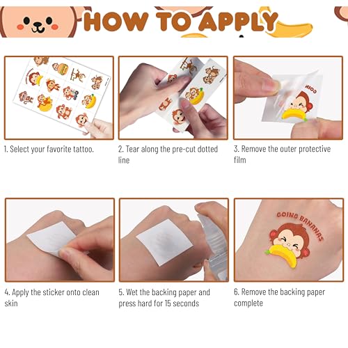 96 PCS Monkey Temporary Tattoos for Kids | Safari Party