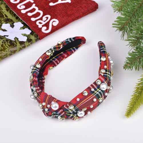 2Pcs Fashion Red Plaid Headbands for Women Pearl Rhinestone Beaded Top Knotted Hairbands Wide Hair Hoop Holiday Festival Hair Accessories Set