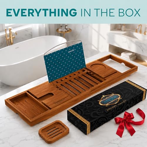 SereneLife Bamboo Bathtub Caddy Tray with Wine Holder