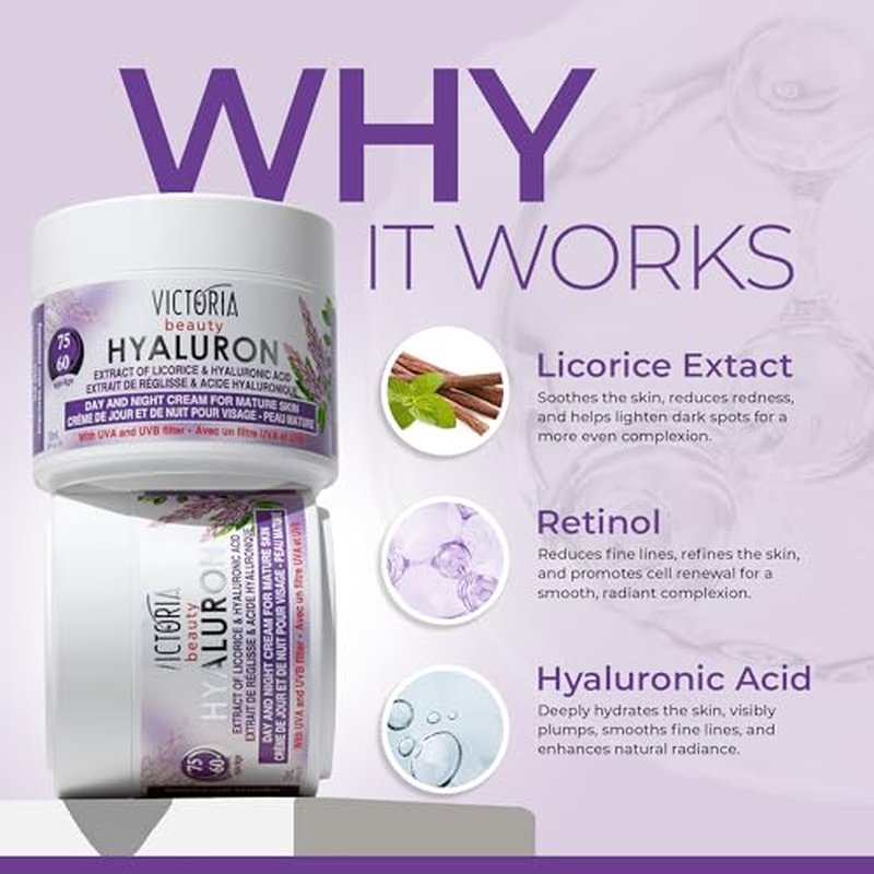 Hyaluron Anti-Wrinkle Cream with Licorice Extract - for Mature Skin (Age 60+) - Intensive Natural Cream for Day & Night With UV Filters