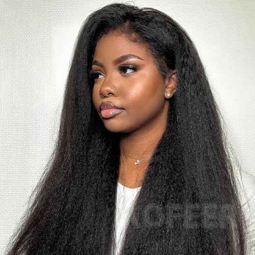 20 Inch Kinky Straight Glueless Wig 3 in 1 Half Wig with Elastic Drawstring Seamless Flip Over Yaki Straight Wear and Go Glueless Wigs Human Hair Drawstring Wigs for Women 200 Density