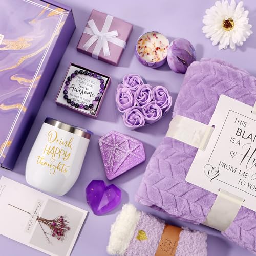 Birthday Gifts for Women Self Care Gift Set, Purple Relaxing Spa Gift Baskets for Women Get Well Soon Care Package, Personalized Happy Mothers Day Gifts for Mom Wife Grandma Daughter Sister Friends
