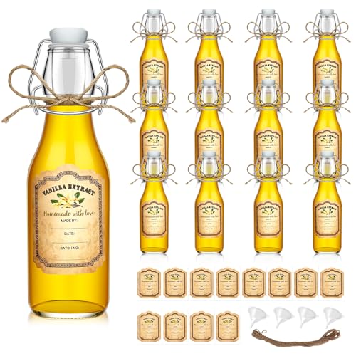 tchrules 12-Pack 8oz Clear Glass Vanilla Extract Bottles with Funnel,Twine & Labels Swing Top Glass Bottles Vanilla Essential Bottles Storage Containers for DIY Aromatherapy, Soap & Candle Making