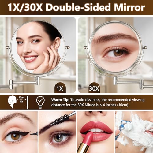 ALHAKIN 8 Inch Double Sided Wall Mounted Makeup Mirror 1X/30X Magnification Nickel (No LED)