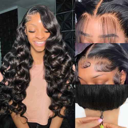 30 Inch 13x6 Body Wave Lace Front Wigs Human Hair 200 Density HD Transparent Lace Frontal Wigs Human Hair Elastic Drawstring Glueless Wigs Human Hair Wig For Black Women (Black, 30INCH, bodyA)