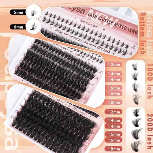 Focipeysa Eyelash Clusters 100D 200D Lashes Extensions with Bottom Lash Volume Fluff Lash Clusters 256pcs Individual Eyelash Extensions 12-18mm Eyelash Extensions DIY D-Curly Lash Extension at Home