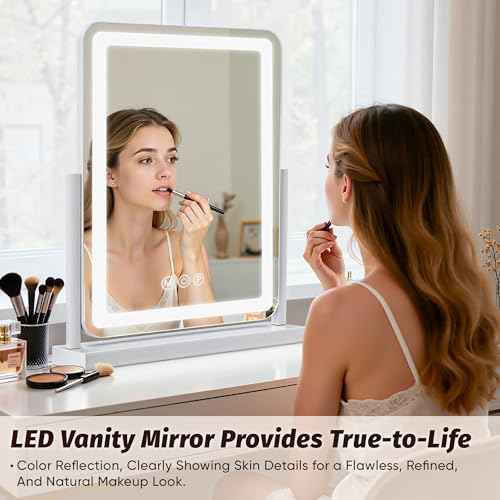 Vanity Mirror with Lights, 18"x13" Hollywood Lighted Makeup Mirror for Tabletop & Bedroom 3 Color Lighting Modes Smart Touch Control 360¡Æ Rotation Detachable