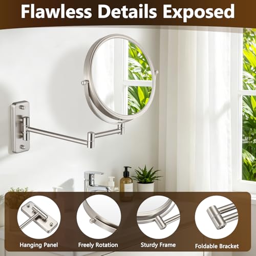 ALHAKIN 8 Inch Double Sided Wall Mounted Makeup Mirror 1X/30X Magnification Nickel (No LED)