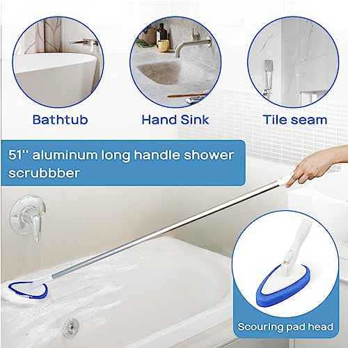 Qaestfy Shower Scrubber Cleaning Brush Combo Bath Tub Tile Cleaner Scrubber Brush with 51'' Adjustable Long Handle Scrub Brush for Bathroom Shower Bathtub Wall Mop Cleaning Scrubbing