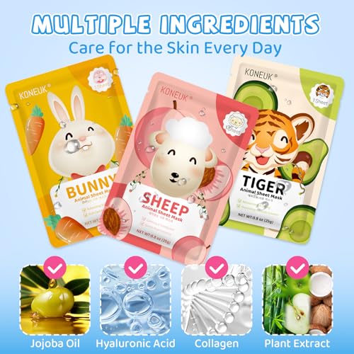 54 Pack Animal Kids Face Mask Spa, Bulk Collagen Hydrating Sheet Face Masks Skincare for Girls Teens, Easter Basket Stuffers, Birthday Gifts, Mothers Day Gifts for Mom