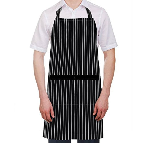 Syntus 2 Pack Adjustable Bib Apron Thicker Waterdrop Resistant with 2 Pockets Cooking Kitchen Aprons for Women Men Chef, Pinstripe Black White