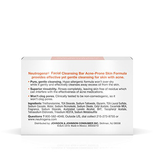 Neutrogena Facial Cleansing Bar Treatment for Acne-Prone Skin, Non-Medicated & Glycerin-Rich Hypoallergenic Formula with No Detergents or Dyes, 3.5 oz (Pack of 2)