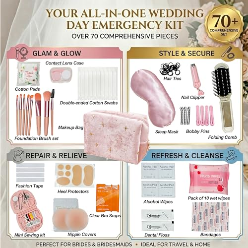 FUNWOOD Wedding Day Emergency Kit for Bride—Pink 70Pcs Velvet Makeup Bag & Essentials