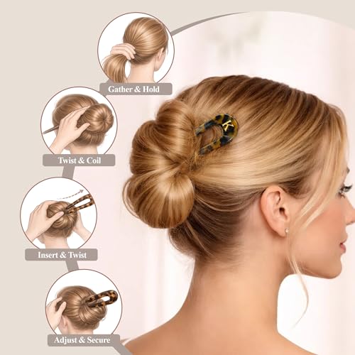 French Hair Pins 2Pcs - Engraved Initial, Tortoiseshell, Long U-Shaped Hair Clips - Perfect Gift for Women & Girls (Variation: 2SET-M)