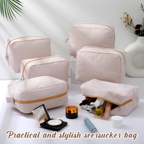 6 Seersucker Makeup Bags for Women - Large, Khaki - 8.46 x 5.51 x 3.54 in, 6 Pack