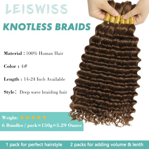 LEISWISS Human Braiding Hair 150g 24 Inch Deep Wave Boho Extensions - Chocolate Brown #4