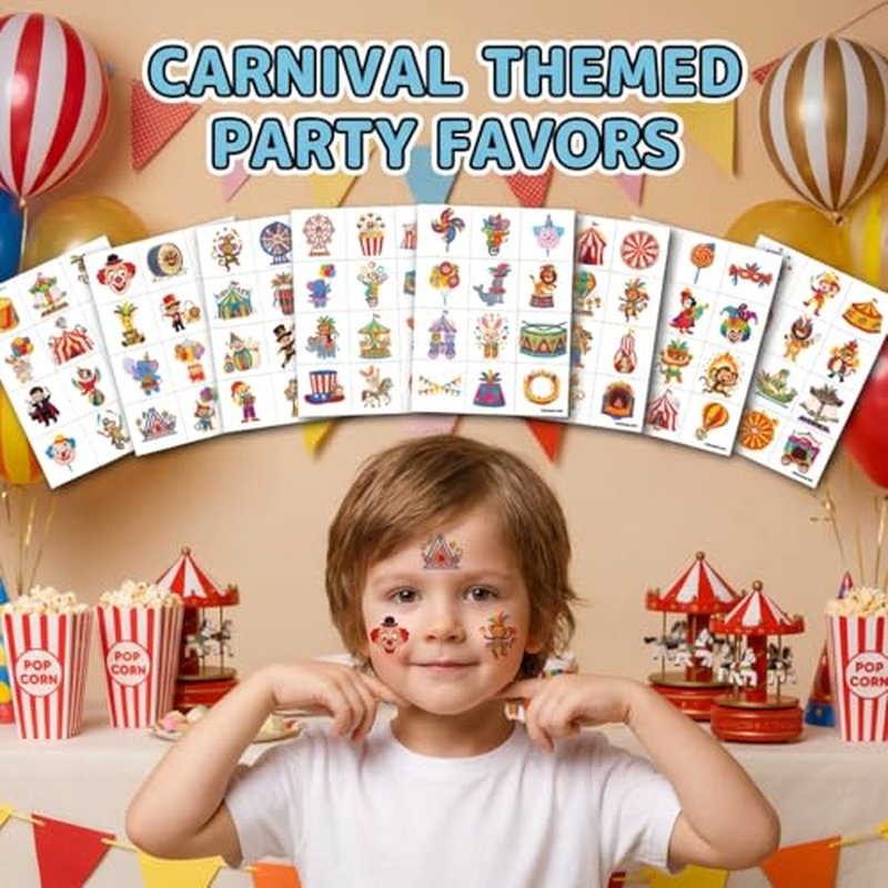 96 PCS Cute Carnival Pre-Cut Temporary Tattoos for Kids - Circus Designs for Clown Theme Parties, Birthday Supplies & Favors for Parties, Classroom Rewards Decoration, Gifts for Kids (Carnival 1)