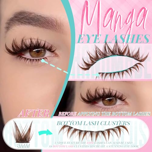 Brown Lash Clusters Manga Wispy Natural Cluster Eyelash Extensions 180pcs Bunny Anime Spike Eyelashes Cluster 8mm Bottom Lashes Individual Fake Eyelash C Curl 8-16mm DIY at Home (Spark Brown)
